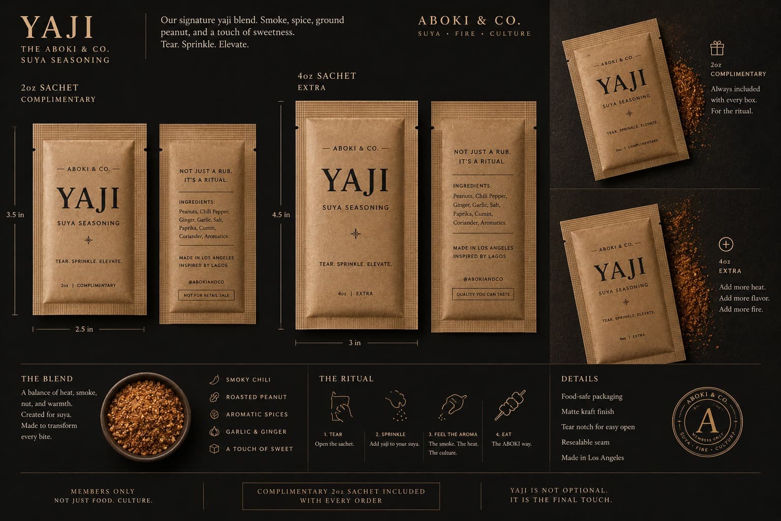 The Yaji suya seasoning sachets in kraft packaging — a 2oz complimentary sachet and a 4oz extra — shown with loose yaji spice.